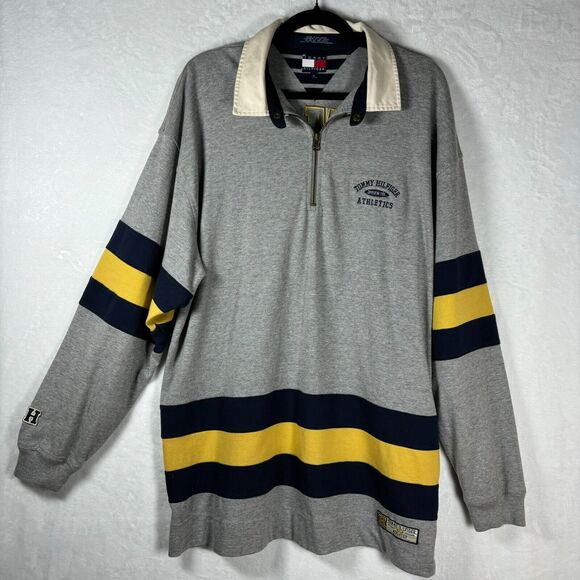 Vintage Tommy Hilfiger Rugby Shirt Men XL Gray Navy Athletic Long Sleeve 1/4 Zip - Picture 2 of 13